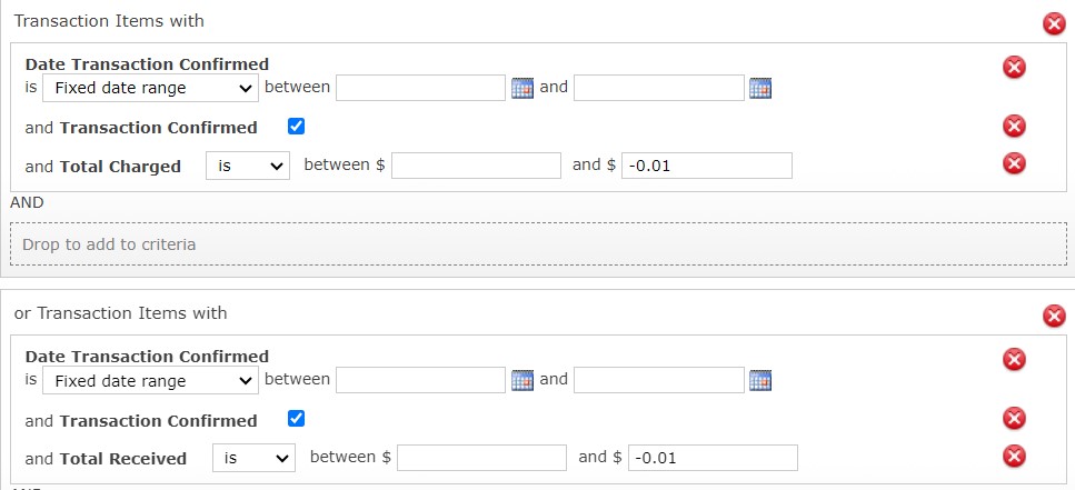 Screenshot of the custom Returns and Refunds Criteria Set for the Payments and Activties Report.