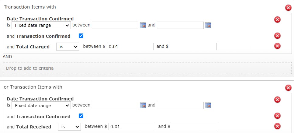 Screenshot of the custom Sales and Payments Criteria Set for the Payments and Activties Report.