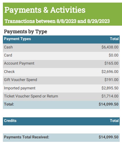 A sample output of the Payment and Activities Report run using the Payments and Sales Criteria Set. This images shows the Payments by Type section. As this is run with the Payments and Sales Critieria Set, it shows positive values.