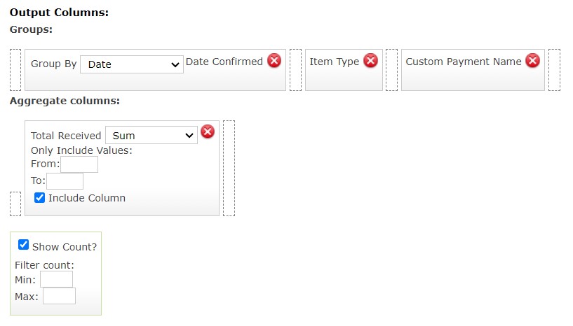 Screenshot of the Output columns of the Total Refunded Payments report.