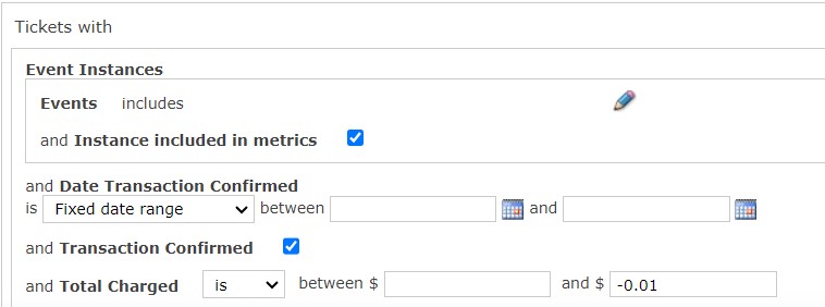 Screenshot of the Criteria Set for the Total Tickets Returned report.