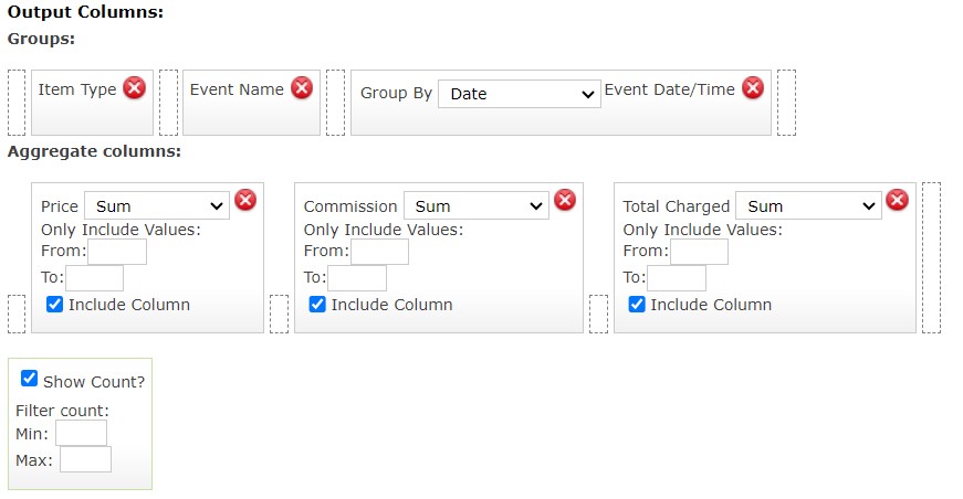 Screenshot of the Output columns of the Total Tickets Returned report.