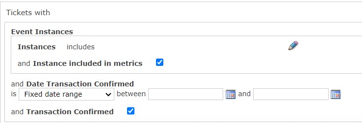 Screenshot of the Criteria Set for the Historical Ticket Sales Figures report.