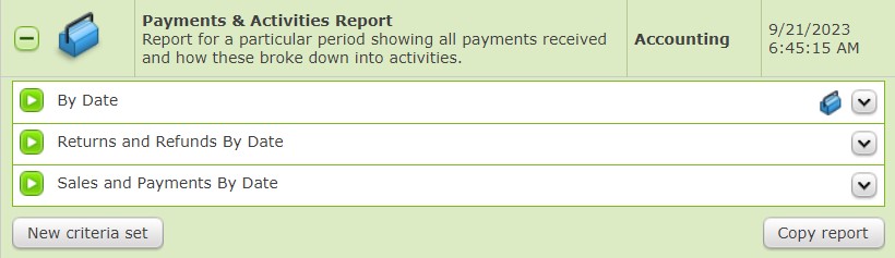 Screenshot of the Report Explorer in Spektrix, highlighting the Payments and Activities Report and the standard Criteria Set along with the newly created custom Criteria Sets.