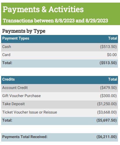A sample output of the Payment and Activities Report run using the Returns and Refunds Criteria Set. This images shows the Payments by Type section. As this is run with the Returns and Refunds Critieria Set, it shows negative values.