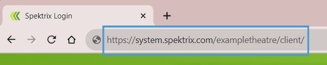 A screenshot of the Spektrix system in a web browser. The URL in the
  search bar is highlighted in a box.