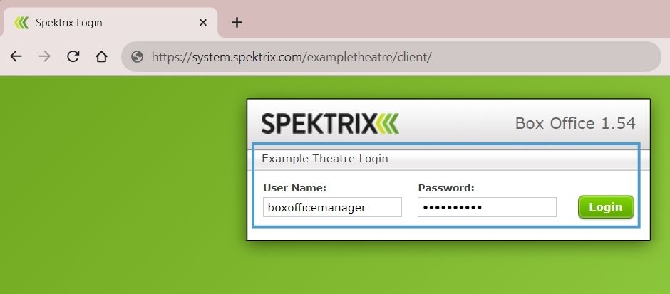 A screenshot of the Spektrix system on a web browser. The page shows
  the name of the organization (“Example Theatre”) and login fields for user name
  (“boxofficemanager”) and password (redacted). The organization name and login
  fields are highlighted in a box.