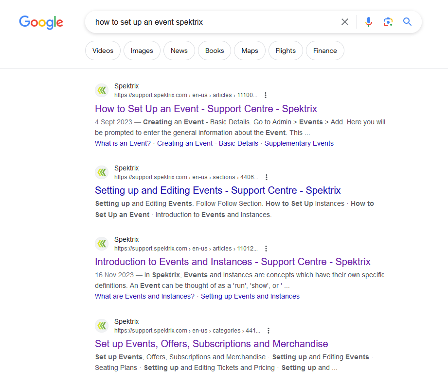 Searching for Spektrix articles on Google.