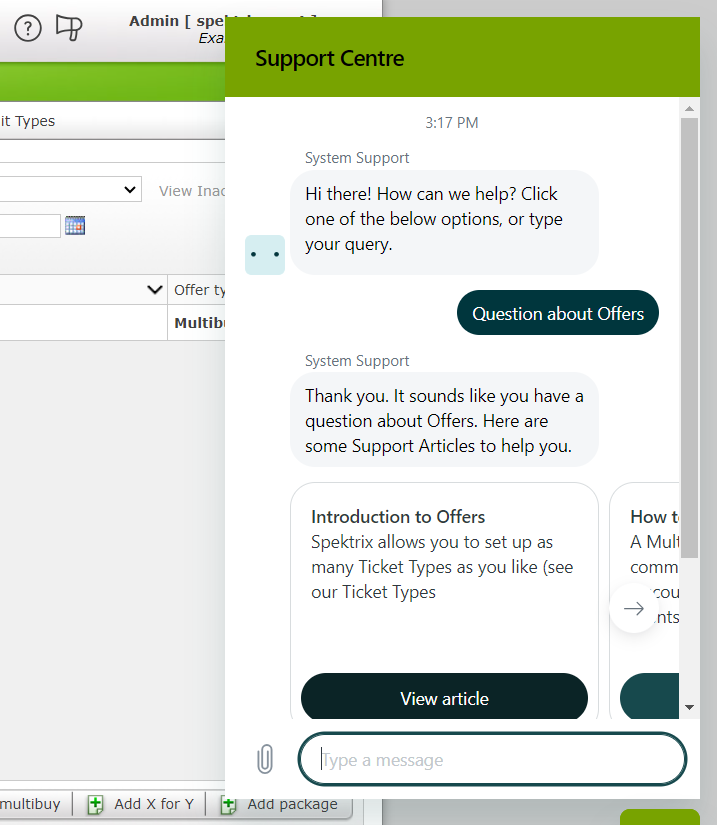 Accessing the Support Centre in the Spektrix system. The box has a green banner that says “Support Centre.”