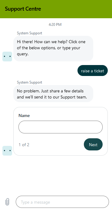 The Support Centre in a Spektrix system asking the user if they would like to submit a ticket. A separate input field appears for the user’s name.