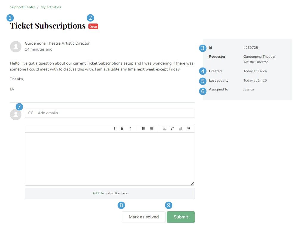 Sample of a Support Ticket page for a “Stuck card payment.