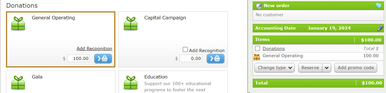 The Donations screen where a Donation has been added in the
  Basket. The Fund is highlighted with a dark yellow box around it.