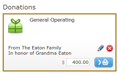 The Fund on the Donations screen with a Recognition Name and Tribute.