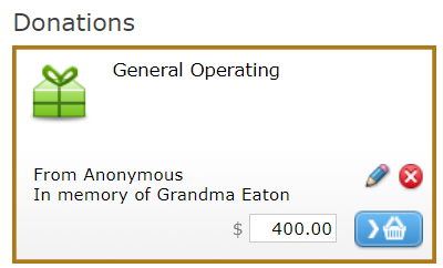 The Fund on the Donations screen with an Anonymous Donation and Tribute.