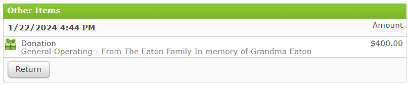 Part of the Order Details where a Donation has been made and includes
  a Recognition and Tribute.
