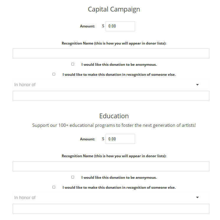 The Donations screen with a fund that includes options to add a Recognition
  Name, make the Donation anonymously and/or add a Tribute.