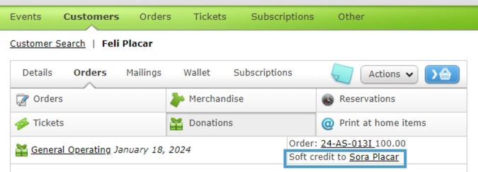 A Customer Record in the Donations tab with a Soft Credited Donation.
      “Soft Credit to” is highlighted.