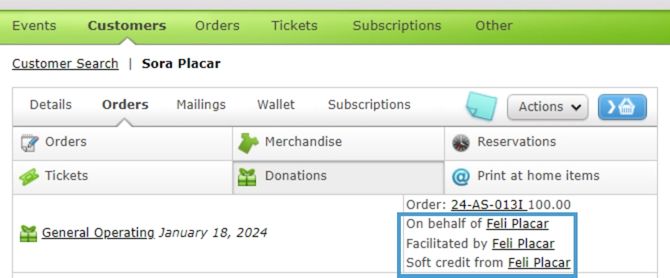 A Customer Record in the Donations tab with a Soft Credited Donation.
      The additional information is highlighted.