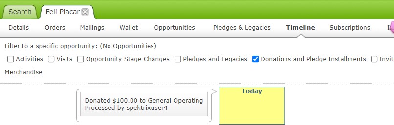 The Timeline tab in the Opportunities Interface with a Soft Credited
      Donation.