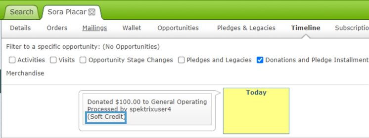 The Timeline tab in the Opportunities Interface with a Soft Credited
      Donation. “(Soft Credit)” is highlighted.