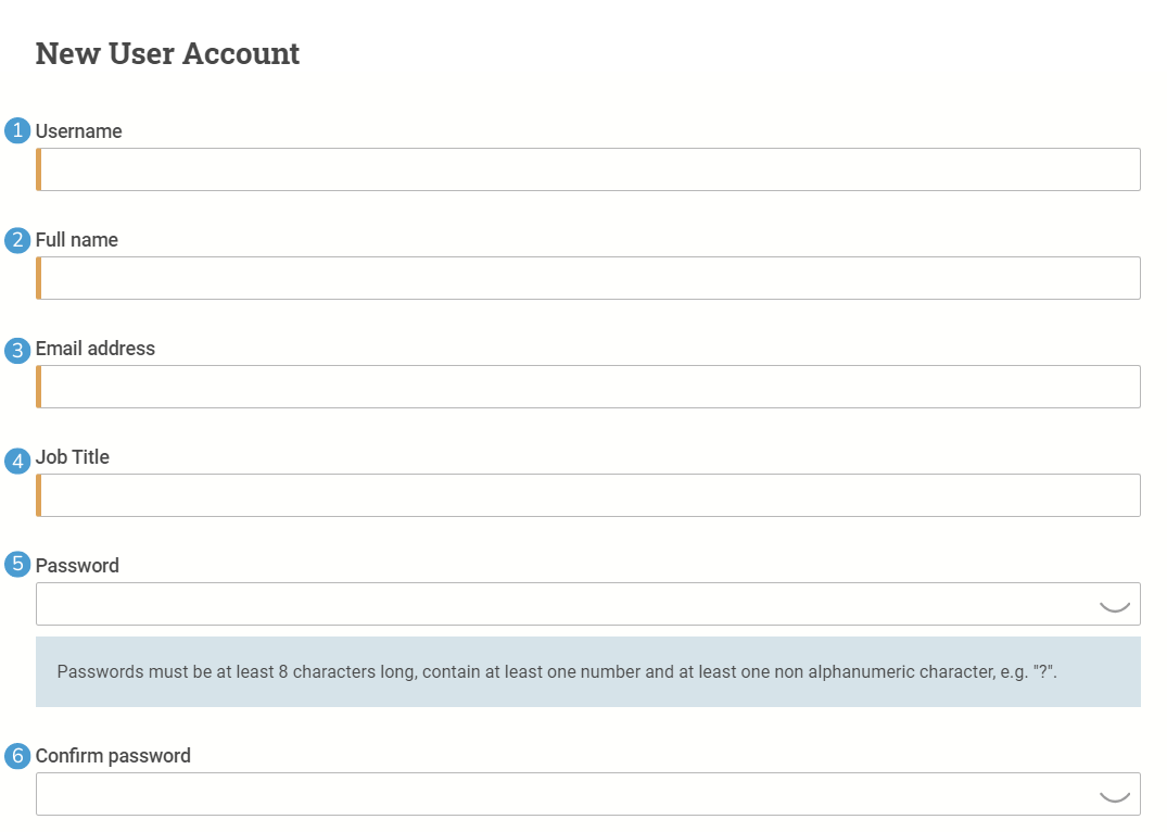 The New User Account page