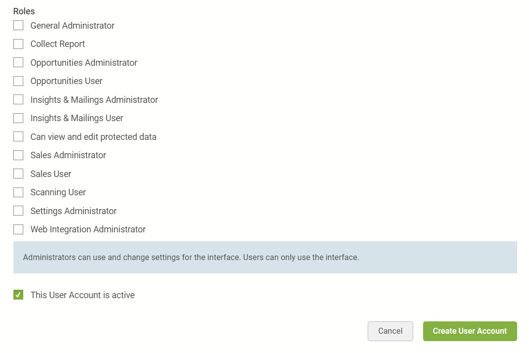User Roles in the New User Account screen.