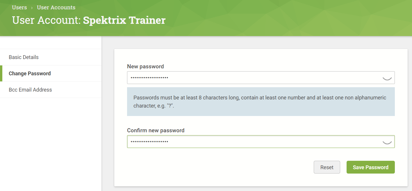 The Change Password tab in the User Account page.