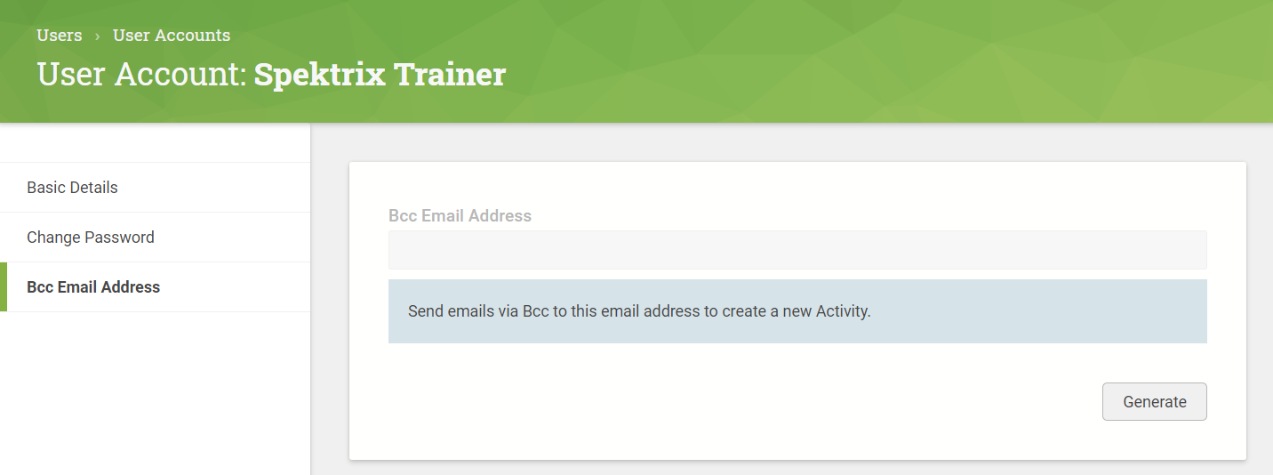 A User Account with the Bcc Email Address tab.