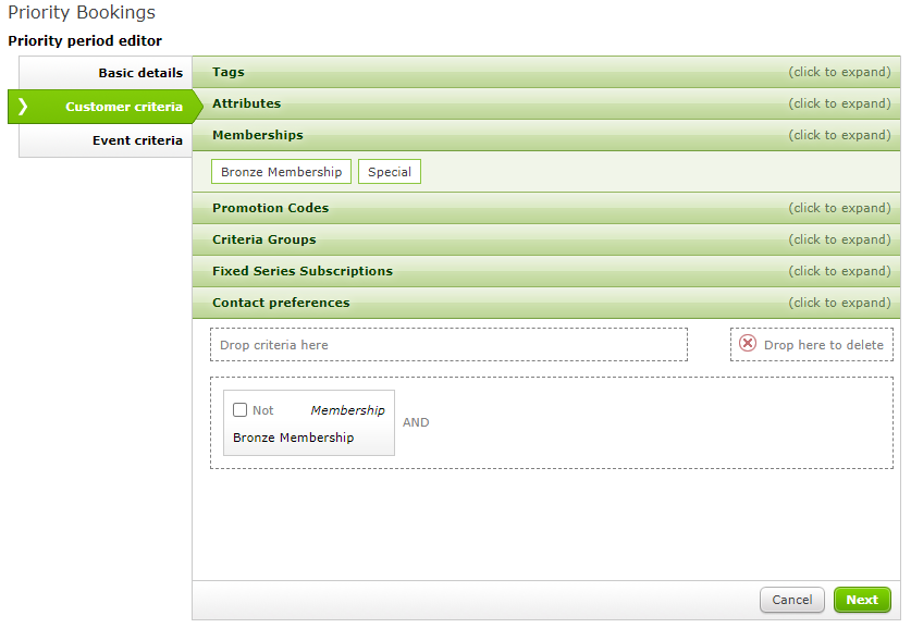 Example of a Membership added in the Customer criteria screen of a
  Priority Booking setup.