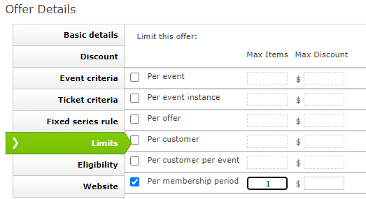 The Offer Limit screen of the Offer Details with “Per membership period”
  checked.
