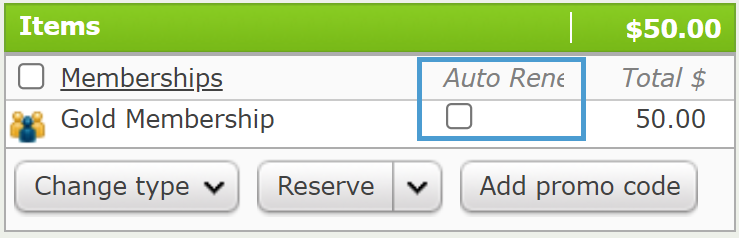 Auto Renew checkbox for a Membership in the Basket/Cart.