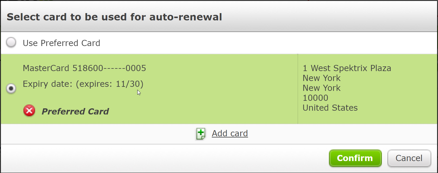 Select card to be used for auto-renewal screen with selected card.