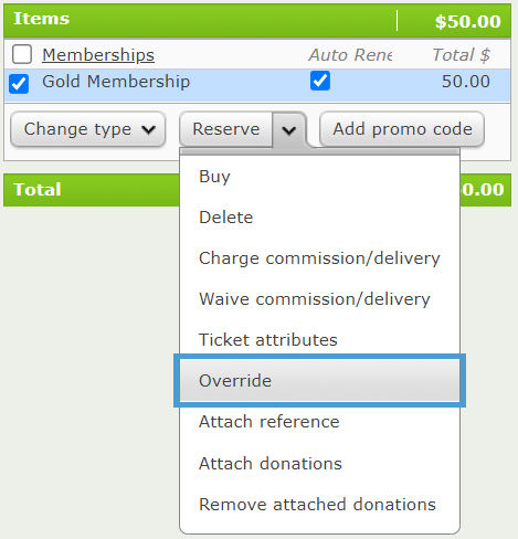 The override button for Memberships.