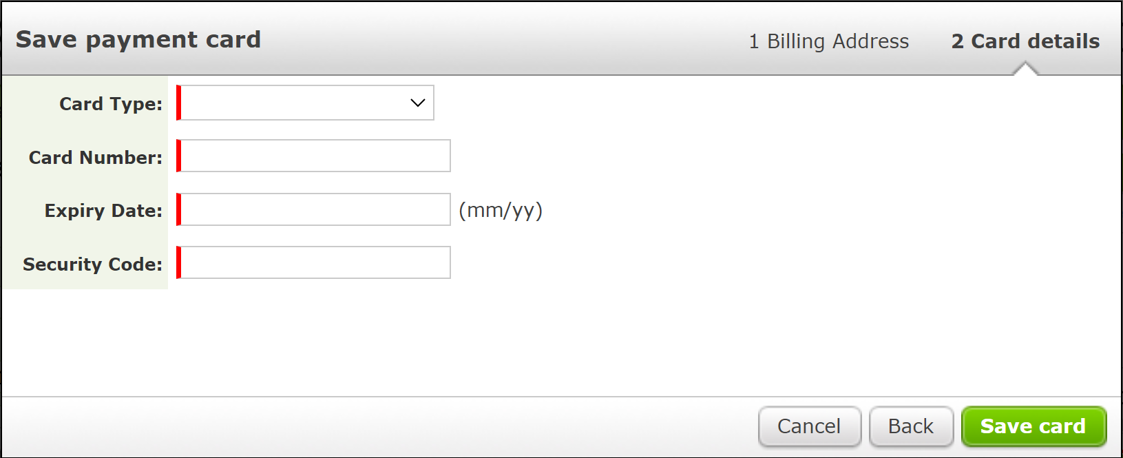 Save payment card screen - Card details.