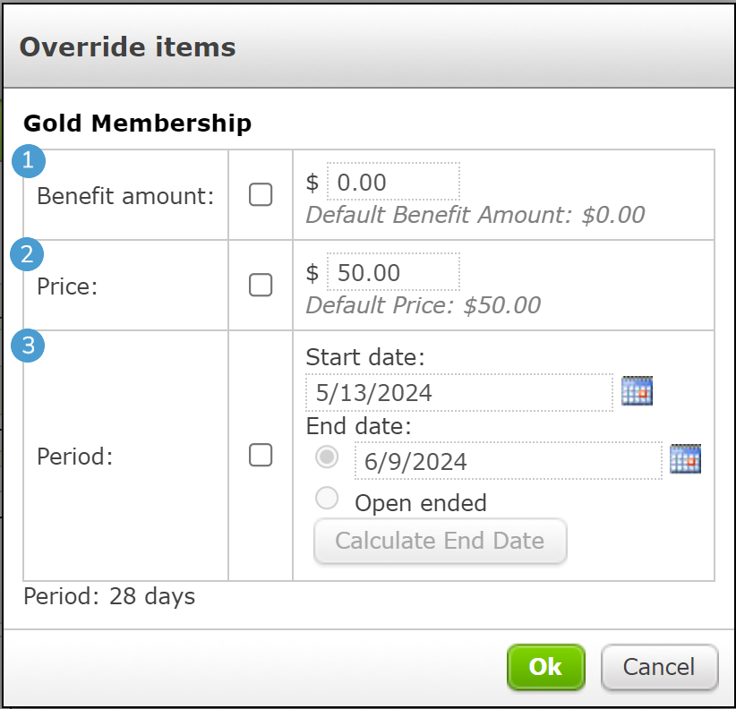 Override items pop-up for the Membership.