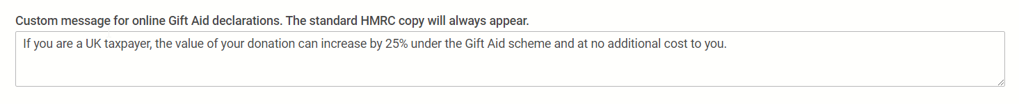 The Settings Interface where you can update the Gift Aid declaration text.