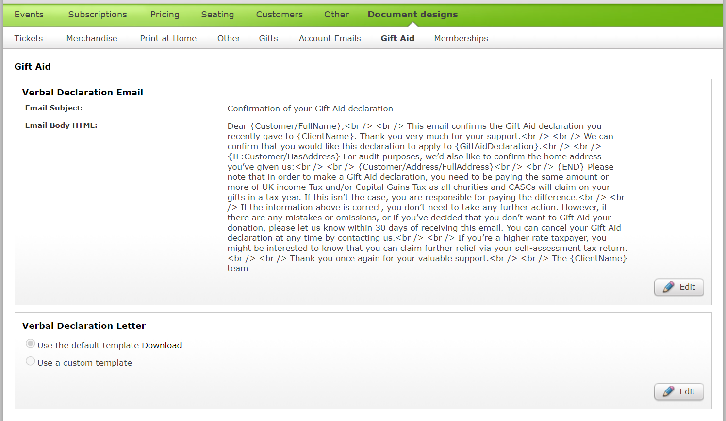 Gift Aid Verbal Declaration documents screen.