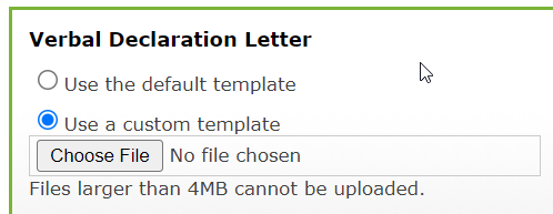Verbal Declaration Letter screen Choose File button.