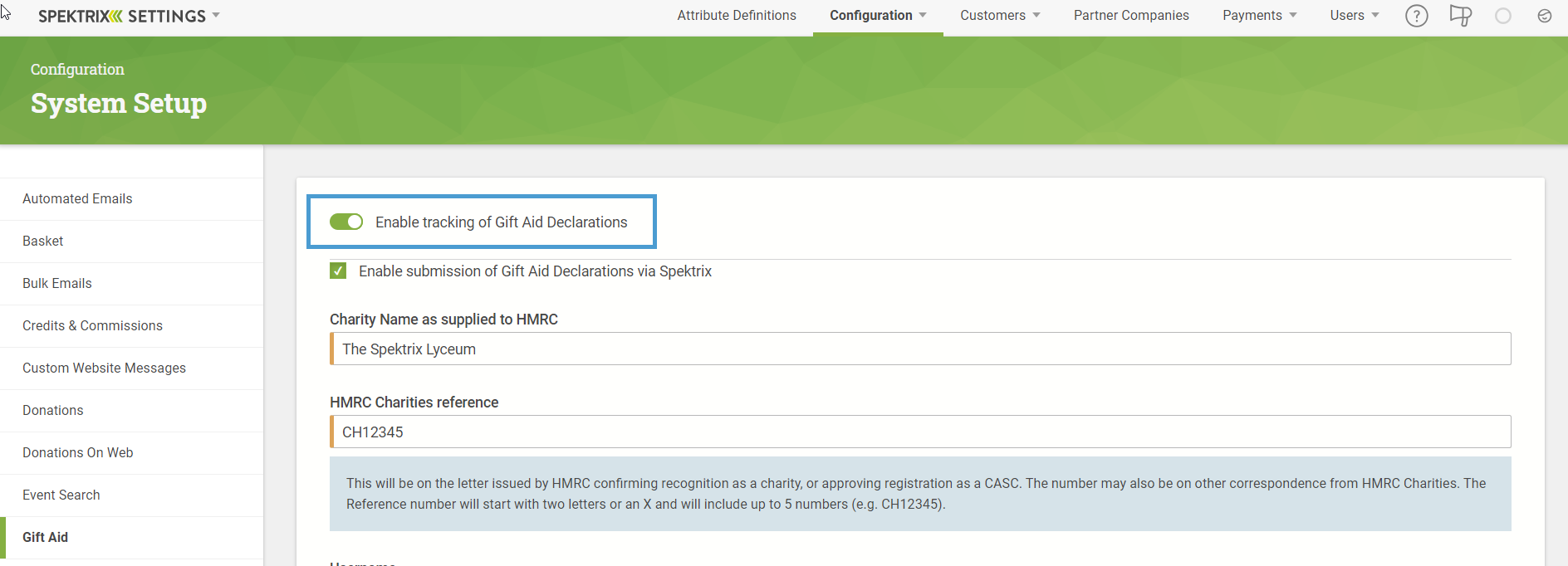 The Gift Aid declarations tracking feature turned on in the Settings Interface.