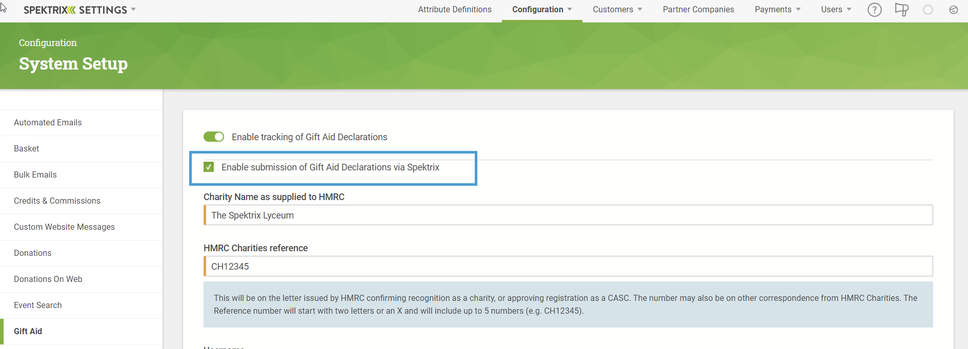 The Gift Aid claiming feature turned on in the Settings Interface.