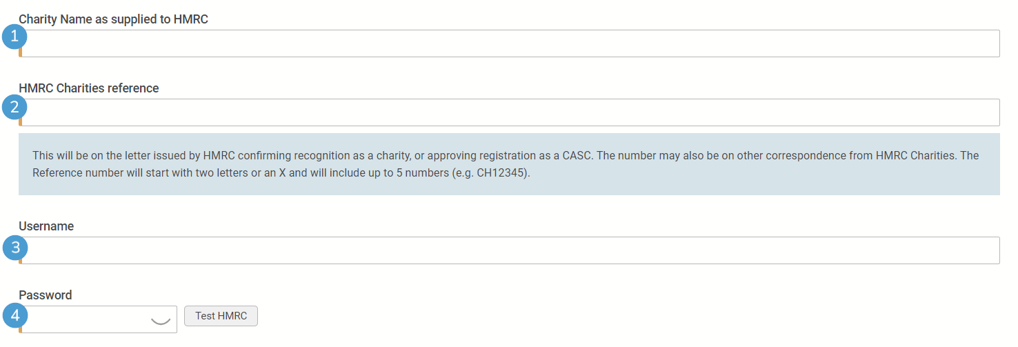 The settings page for making Gift Aid claims - HMRC details.