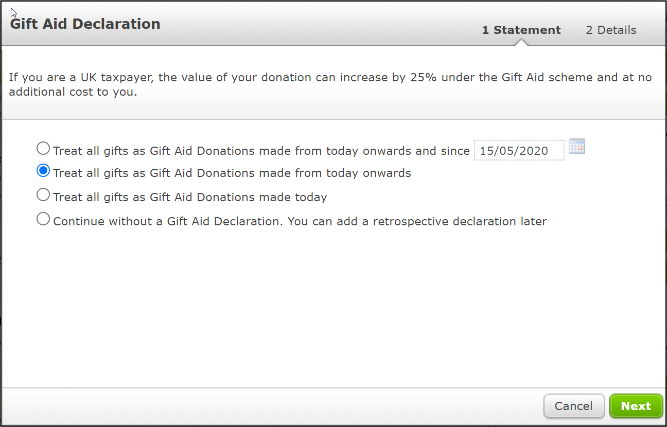 The Gift Aid Declaration Pop-Up.