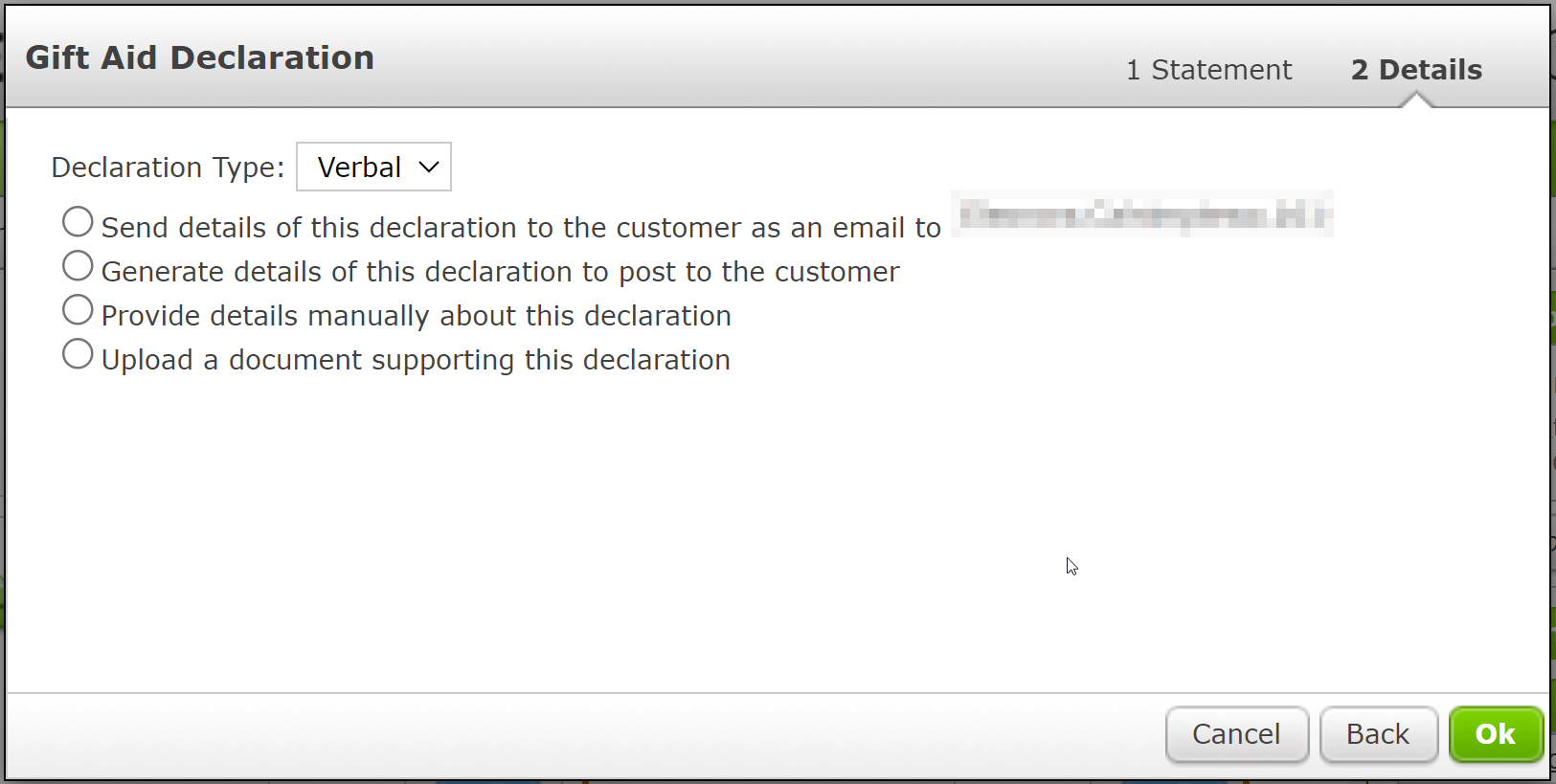The Details page of the Gift Aid Declaration pop-up with Verbal selected
  as Declaration Type.