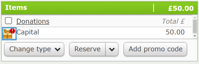A Donation with the Gift Aid excluded symbol.