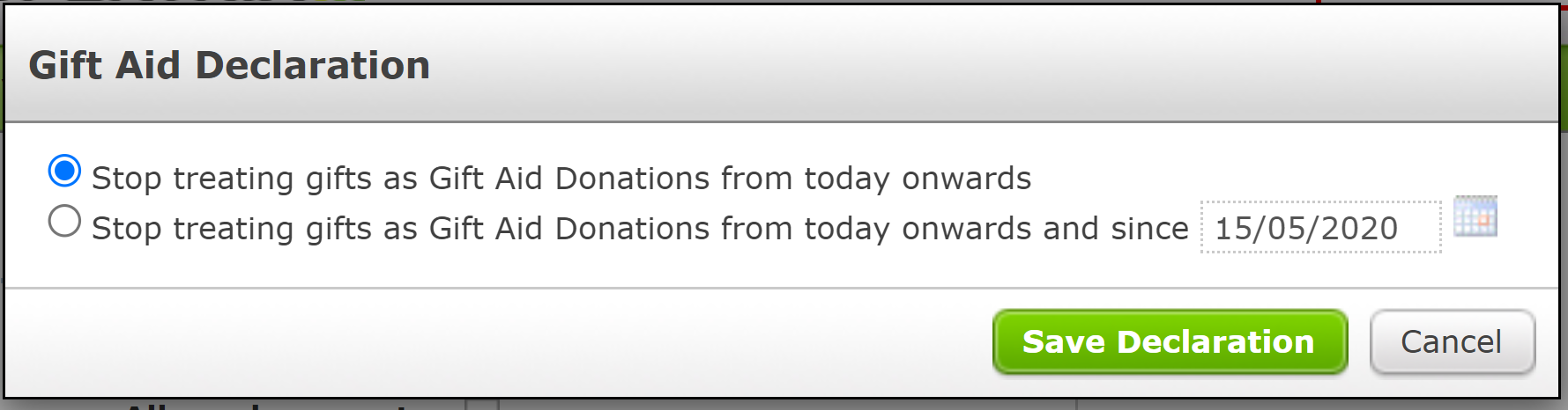 The Gift Aid Declaration screen for cancelling a Gift Aid Declaration.