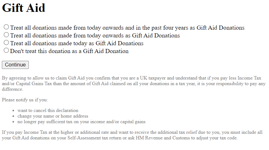 The Gift Aid Screen.