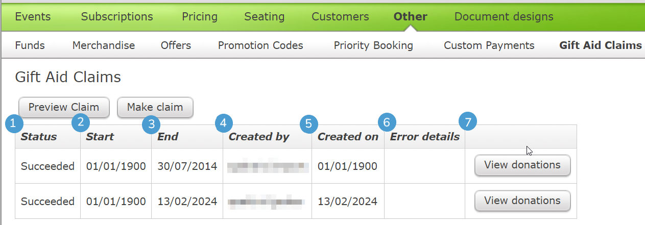Gift Aid Claims screen.