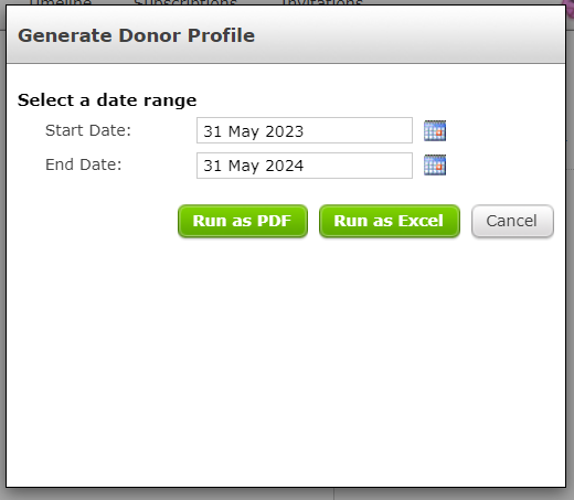 Generate Donor Profile pop up.