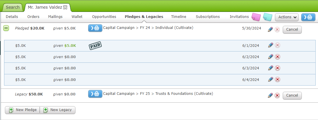 Pledges and Legacies tab in the Customer Record.