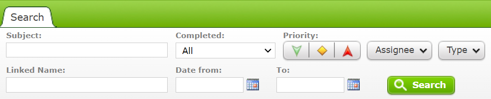 Search options in the Activities Dashboard.